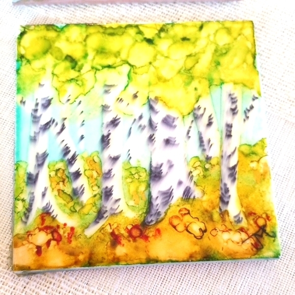 REDUCED Handmade and Hand Painted Birch Tree Ceramic Resin Coasters (Set of 4) - Picture 3 of 8